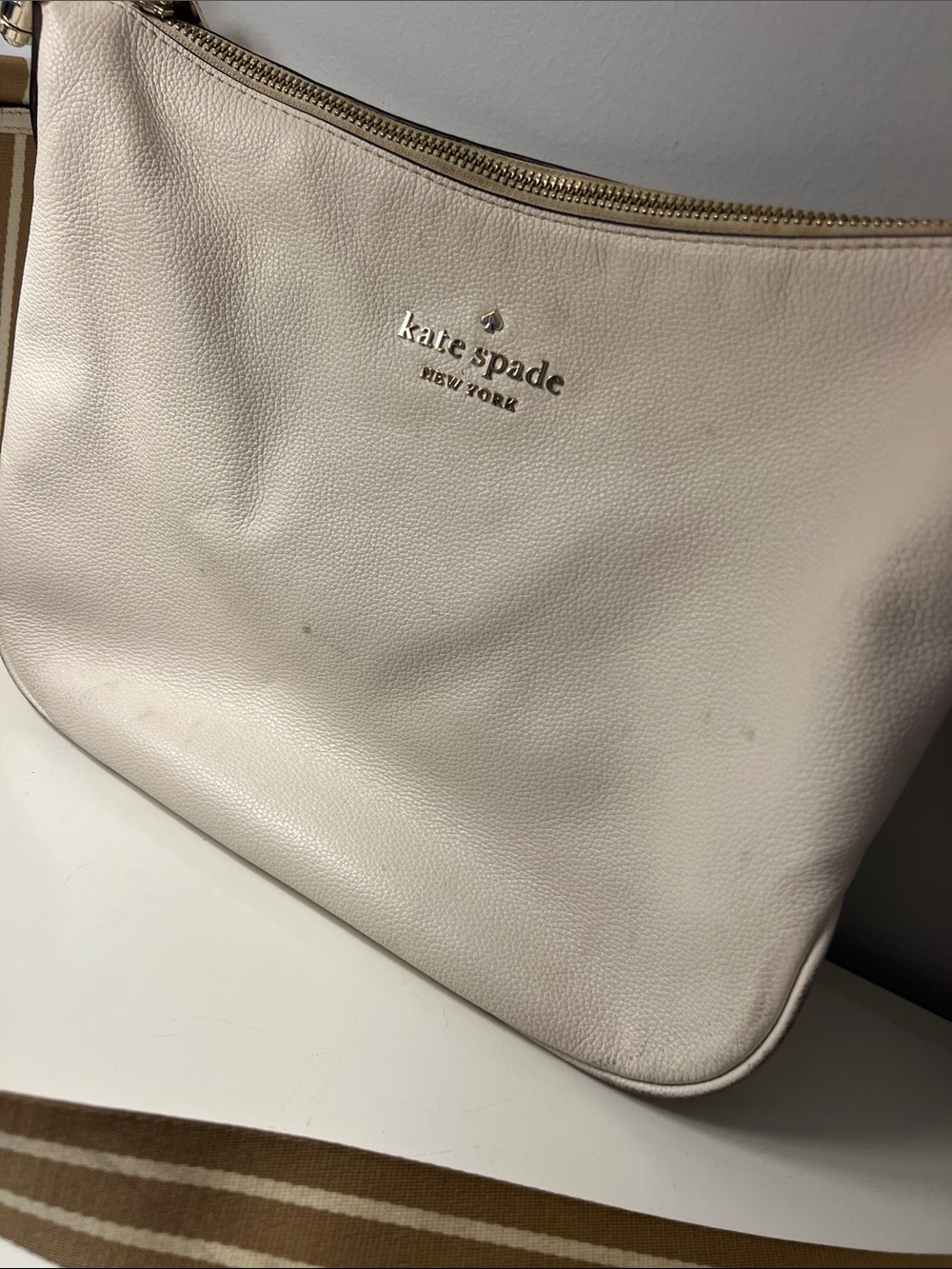 kate spade Cream Leather Crossbody with Striped Tan Strap - Picture 2 of 11